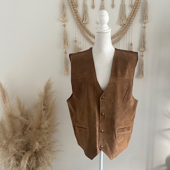 Vintage mens brown suede vest textured western gold tone snap cinch back large - Picture 2 of 16